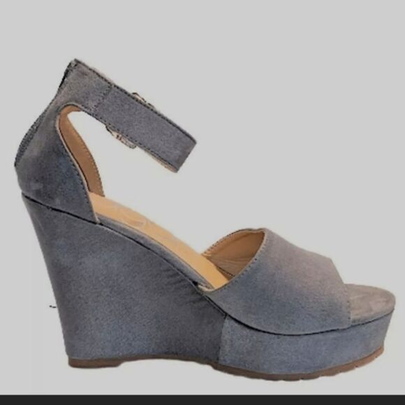 Sugar Hamptons Womens Gray Covered  Peep Toe Ankle Strap Back Zip Wedge Size 9 - Picture 3 of 16
